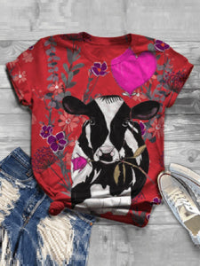 Casual Impression Cow Balloon Print Fashion T-shirt